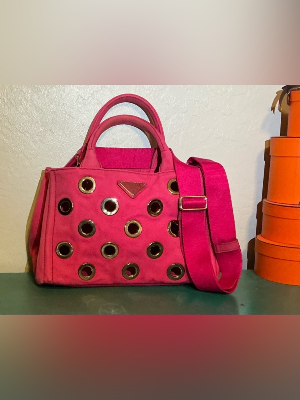 Prada Canapa Hot Pink Grommet Crossbody Bag
